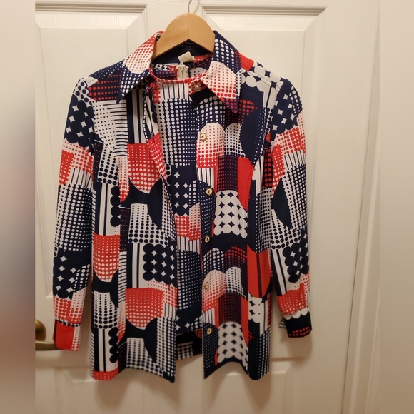 Vintage 70'S Sportables Polyester Blouse twinset 2 pc psychedelic mod patchwork - Picture 1 of 13